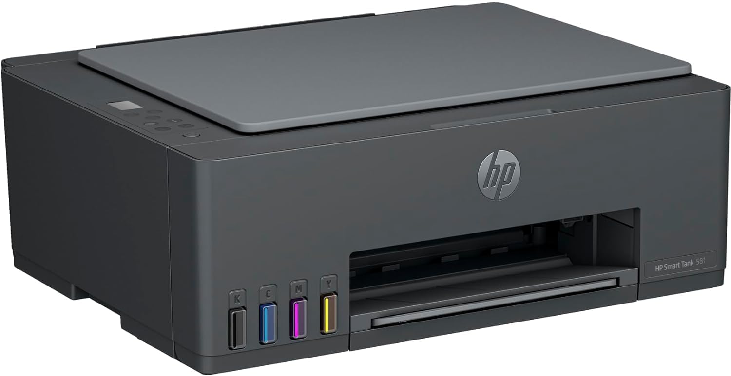 طابعة HP Smart Tank 581 اللاسلكية متعددة الإمكانات، طباعة، مسح ضوئي، نسخ، طباعة حتى 6000 صفحة باللون الأسود أو 6000 صفحة ملونة - رمادي
