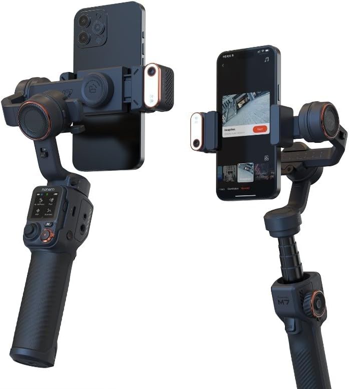 Hohem iSteady M7 AI-Tracking Smartphone Gimbal – 500 g Payload, Detachable 1.4″ Touchscreen Remote, RGB Fill Light, 12 h Battery, 360° Pan