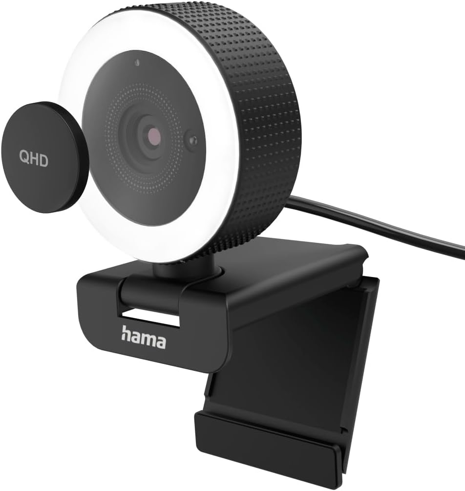 Hama C-850 Pro QHD 2K Webcam with LED Ring Light , Autofocus , Dual Microphones , Remote Control , Privacy Cover , USB Plug & Play for Streaming & Video Conferencing
