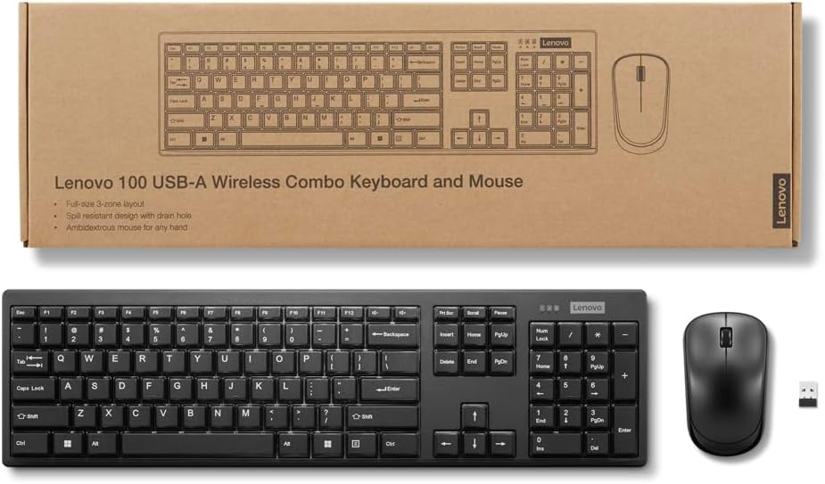 Lenovo 100 USB-A Wireless Combo – Slim Keyboard & Compact Mouse, 1600 DPI, Spill-Resistant, 10-Million Key Presses