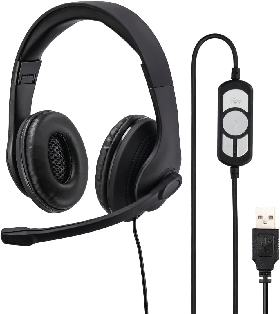 Hama HS-USB300 PC Office Headset , Stereo Sound , USB-A Connection , Adjustable Microphone , In-Line Volume Control & Mic Mute , Padded Headband & Earpads – Black