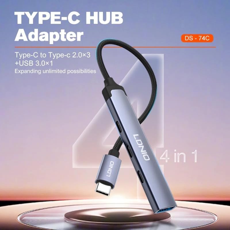 LDNIO DS‑74C USB‑C Multi‑Port Hub with 3× USB‑C & 1× USB 3.0 Ports, High‑Speed Data Transfer Adapter for Laptop, MacBook, Tablet & USB‑C Devices