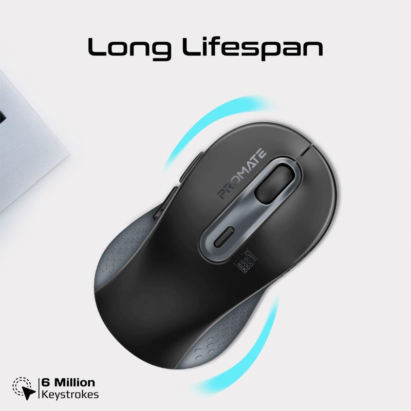 Promate Wireless Mouse, Ergonomic Ambidextrous Wireless Mice with Dual Mode Connectivity, Bluetooth v5.3, 2.4Ghz Transmission, Adjustable 1600DPI, 150H Working Time, Ken