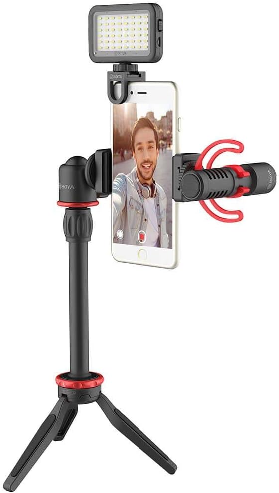 طقم تدوين فيديو للهواتف الذكية BOYA BY-VG330 مع حامل ثلاثي صغير، وميكروفون Shotgun، وإضاءة LED، وحامل هاتف - طقم فيديو شامل لليوتيوب، وTikTok، والبث المباشر