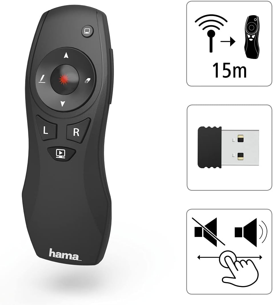 Hama X‑Pointer جهاز عرض لاسلكي 6 في 1 – تردد 2.4 غيغاهرتز، مدى 15 م، مؤشر ليزر أحمر، فأرة هوائية، تنقل PowerPoint، تحكم في الصوت، شاشة كاملة/سوداء، 2× بطارية AAA