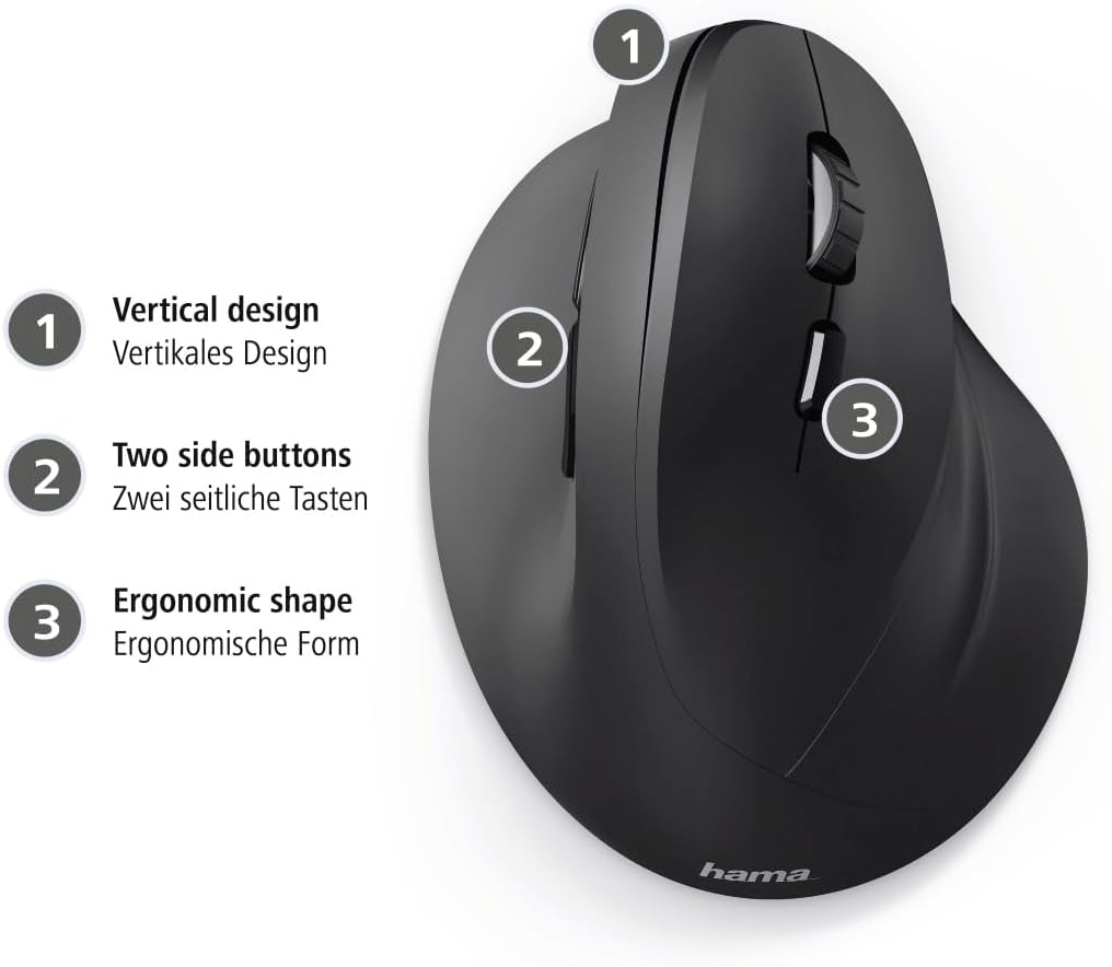 Hama EMW-500 Wireless Vertical Ergonomic Mouse – 6-Button 2.4GHz, 1000/1400/1800 DPI, Rubberised Grip