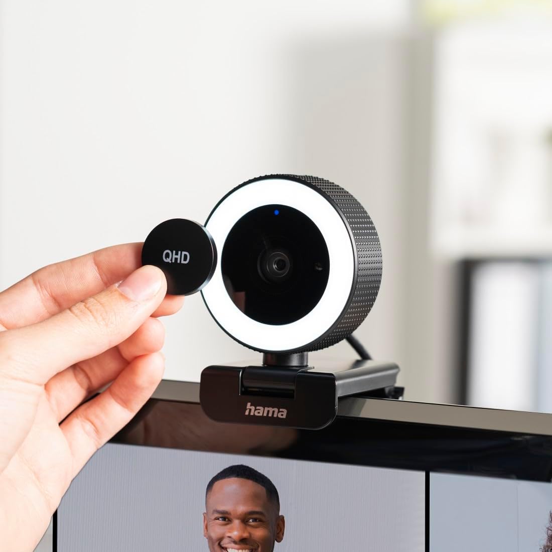 Hama C-850 Pro QHD 2K Webcam with LED Ring Light , Autofocus , Dual Microphones , Remote Control , Privacy Cover , USB Plug & Play for Streaming & Video Conferencing
