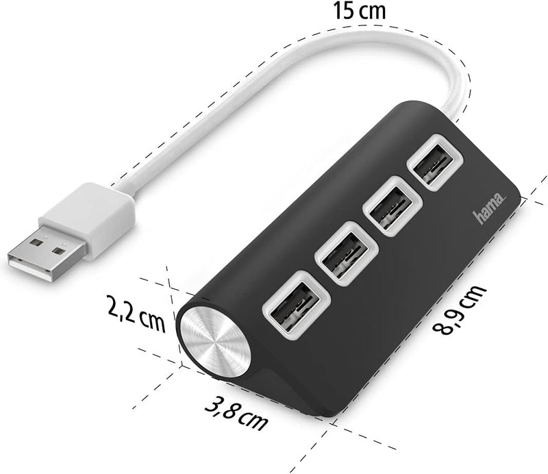 هاما 00200119 موزع خارجي 4 منافذ USB 2.0، يعمل بمنفذ USB، أسود