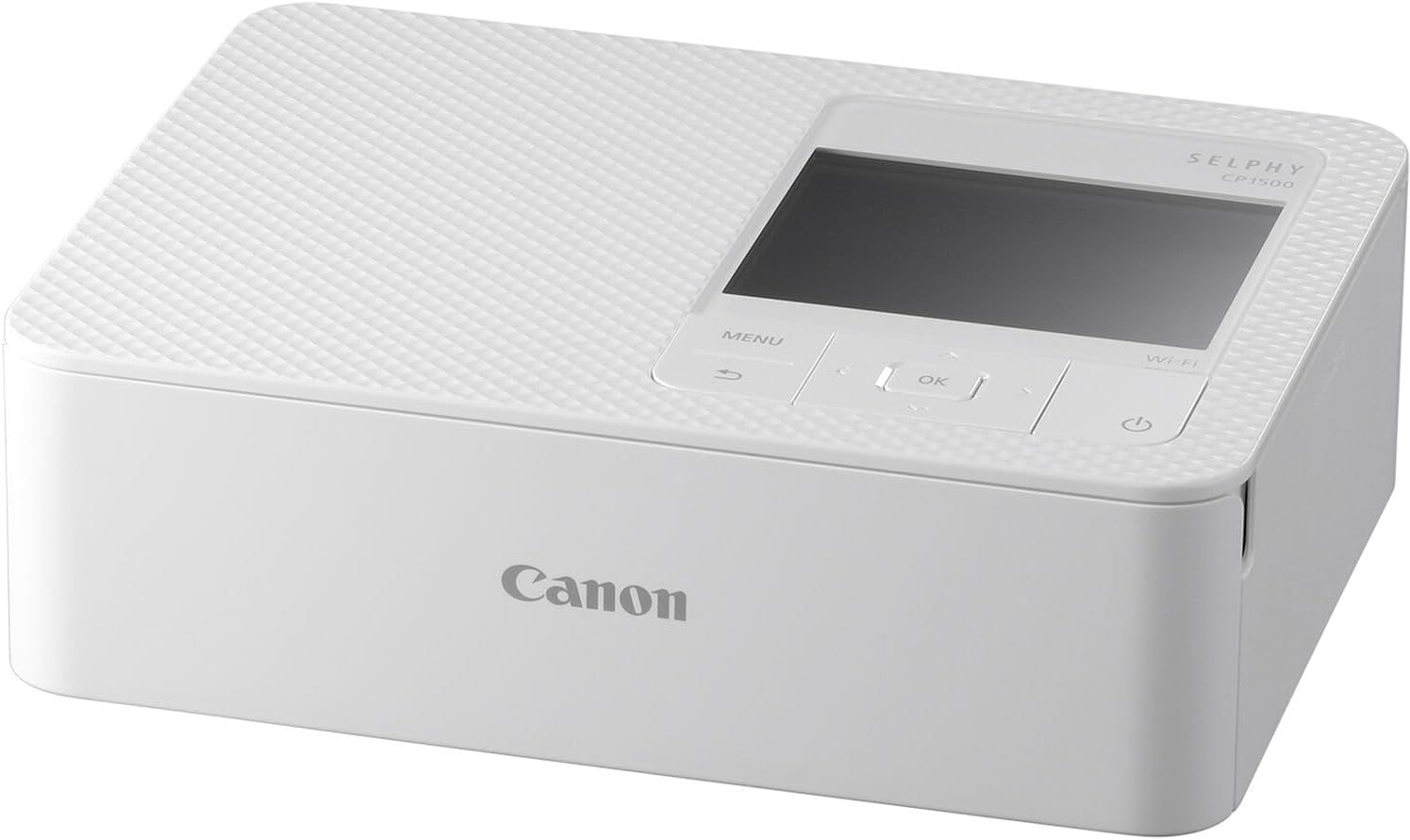 طابعة الصور اللاسلكية المدمجة Canon SELPHY CP1500، طباعة بالتسامي الصبغي، دقة 300×300 نقطة لكل بوصة، شاشة LCD مقاس 3.5 بوصة، Wi‑Fi وAirPrint وUSB‑C وبطاقة SD، طباعة صور بمقاس 4×6 بوصة – أبيض
