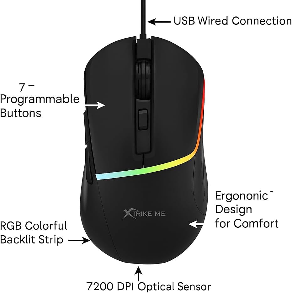 Xtrike Me GM-322 Gaming Mouse Wired USB – 7200DPI Optical Mouse / 7 Buttons / 1000Hz – Colorful RGB Backlit Optical Gaming Mice for PC Laptop Gamer (Black)