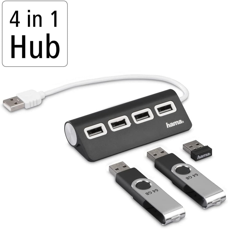 هاما 00200119 موزع خارجي 4 منافذ USB 2.0، يعمل بمنفذ USB، أسود