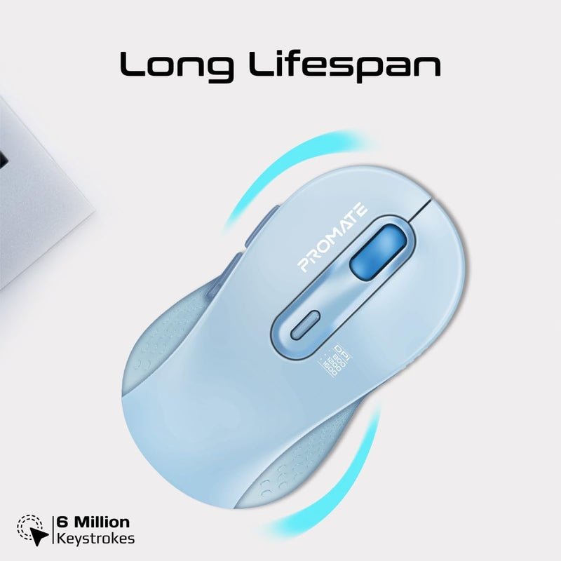 Promate Wireless Mouse, Ergonomic Ambidextrous Wireless Mice with Dual Mode Connectivity, Bluetooth v5.3, 2.4Ghz Transmission, Adjustable 1600DPI, 150H Working Time, Ken