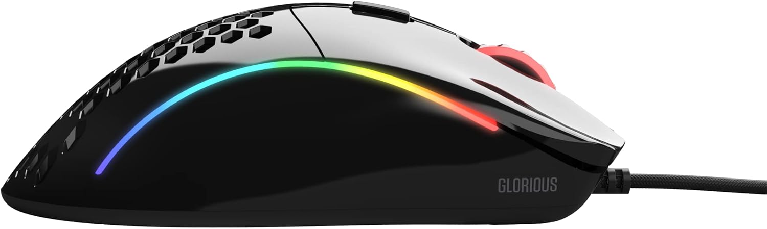 فأرة الألعاب Glorious Model D، فائقة الخفة بوزن 68 جرام مع تصميم خلية النحل، إضاءة RGB، سلكية، تصميم مريح لليد اليمنى، مستشعر عالي الدقة، كابل Ascended، أقدام PTFE، أسود لامع