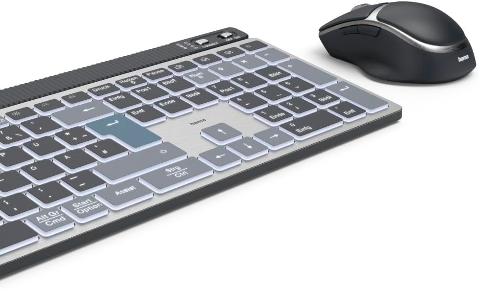 Hama WKM‑750 Multi‑Device Wireless Keyboard & Mouse Set – LED Backlit, 6‑Button Optical Mouse, Multi‑Device Bluetooth & 2.4 GHz RF Connectivity, Rechargeable, Ergonomic Design