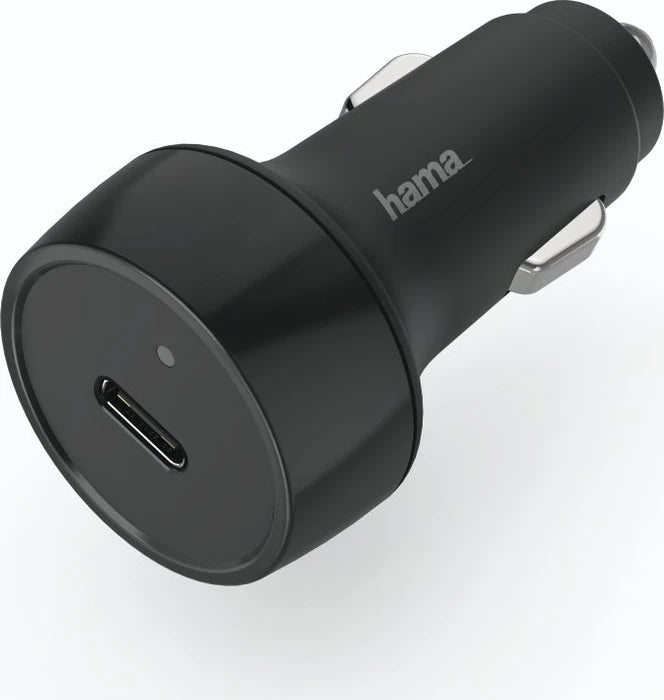 شاحن سيارة سريع Hama 201638 بقدرة 25W ومنفذ USB-C PD، بتقنية توصيل الطاقة، ودعم Qualcomm Quick Charge 2.0/3.0، بجهد 12–24V، مع حماية ذكية للسلامة – أسود