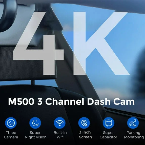 AZDOME M500 3-Channel 4K Dash Cam with Front, Rear & Inside Cameras, 3” IPS Screen, Built-in WiFi, 64GB Included, Night Vision, Parking Monitor, G-Sensor, Loop Recording