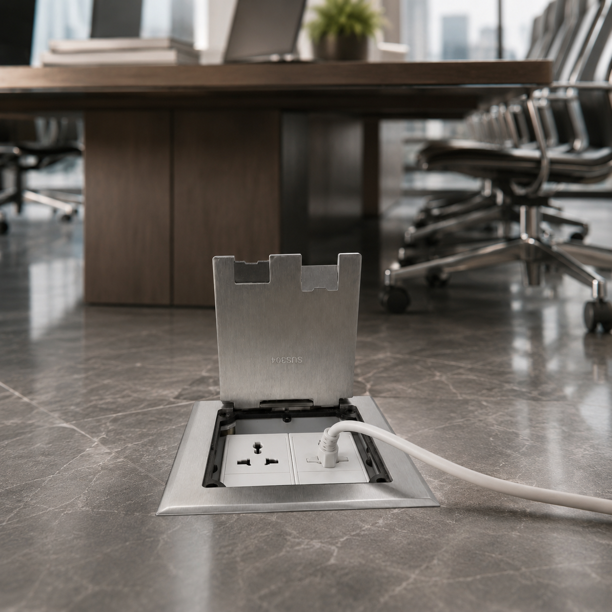 Avetron Flip-Top Floor Socket, 2 Universal Power Outlets, 304 Stainless Steel Panel, White Matte