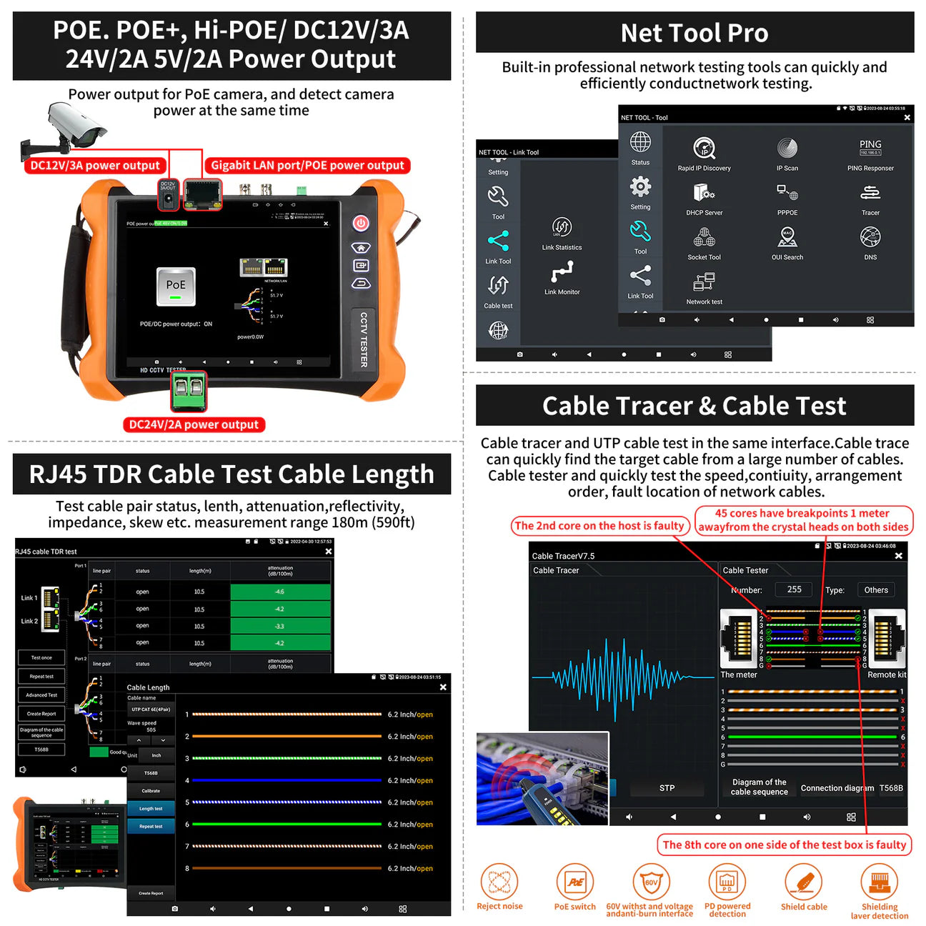 جهاز اختبار CCTV WANGLU X9-ADH PRO بشاشة 8 إنش مع HDMI 4K دخل/خرج، اختبار كاميرا 8 ميجابكسل AHD/CVI/TVI، جيجابت مزدوج، PoE++ 90 واط، بطارية تدوم 13 ساعة