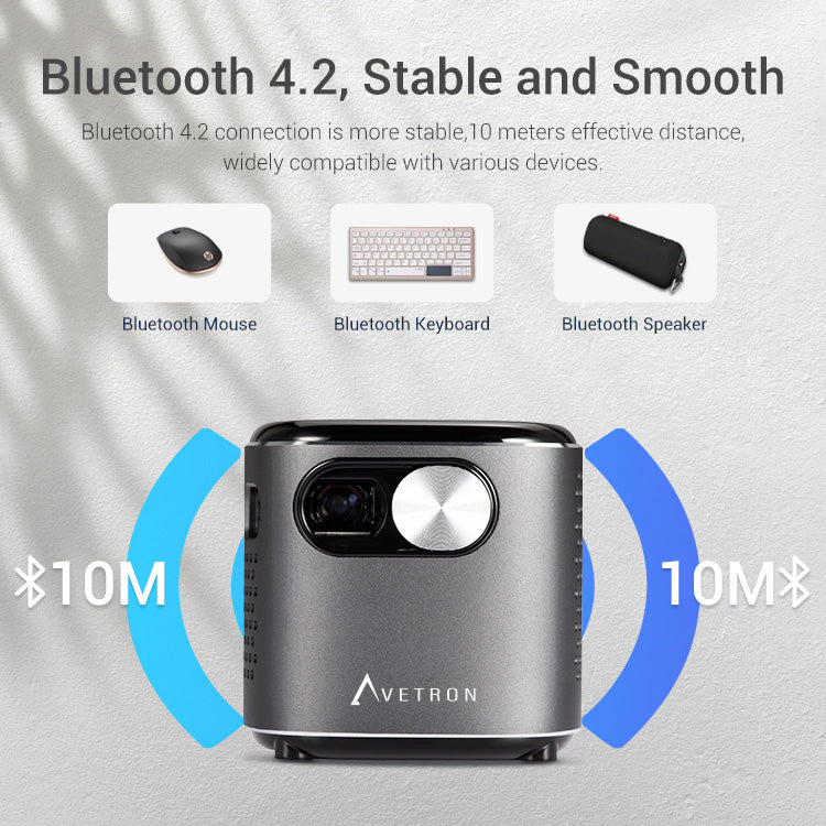 جهاز عرض Avetron المحمول بتقنية DLP - دقة 480 بكسل، سطوع 70 لومن ANSI، نظام Android 11، ذاكرة وصول عشوائي (RAM) سعة 1 جيجابايت + 32 جيجابايت، يدعم تقنية 1080 بكسل، واي فاي، بلوتوث، بطارية مدمجة