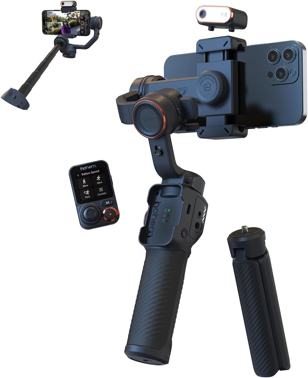 Hohem iSteady M7 AI-Tracking Smartphone Gimbal – 500 g Payload, Detachable 1.4″ Touchscreen Remote, RGB Fill Light, 12 h Battery, 360° Pan
