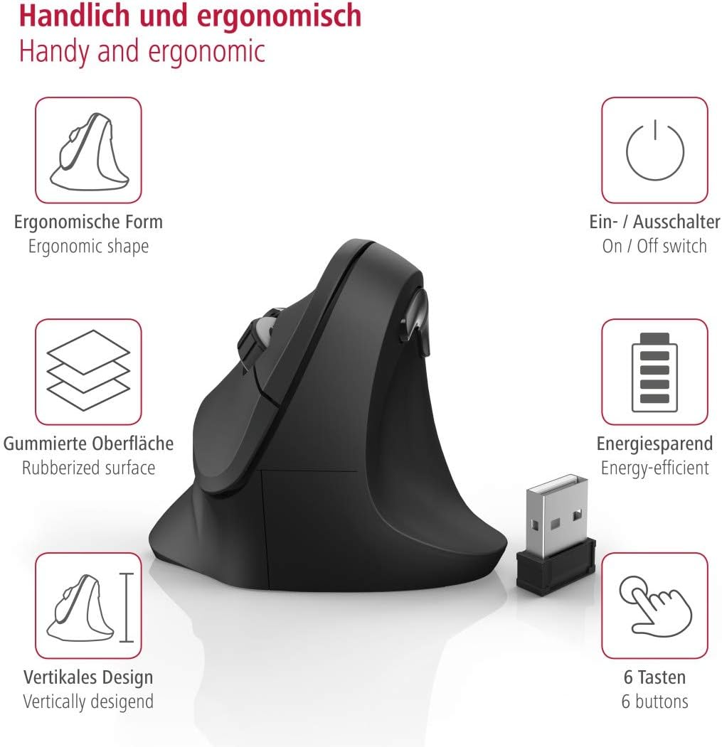 Hama EMW-500 Wireless Vertical Ergonomic Mouse – 6-Button 2.4GHz, 1000/1400/1800 DPI, Rubberised Grip