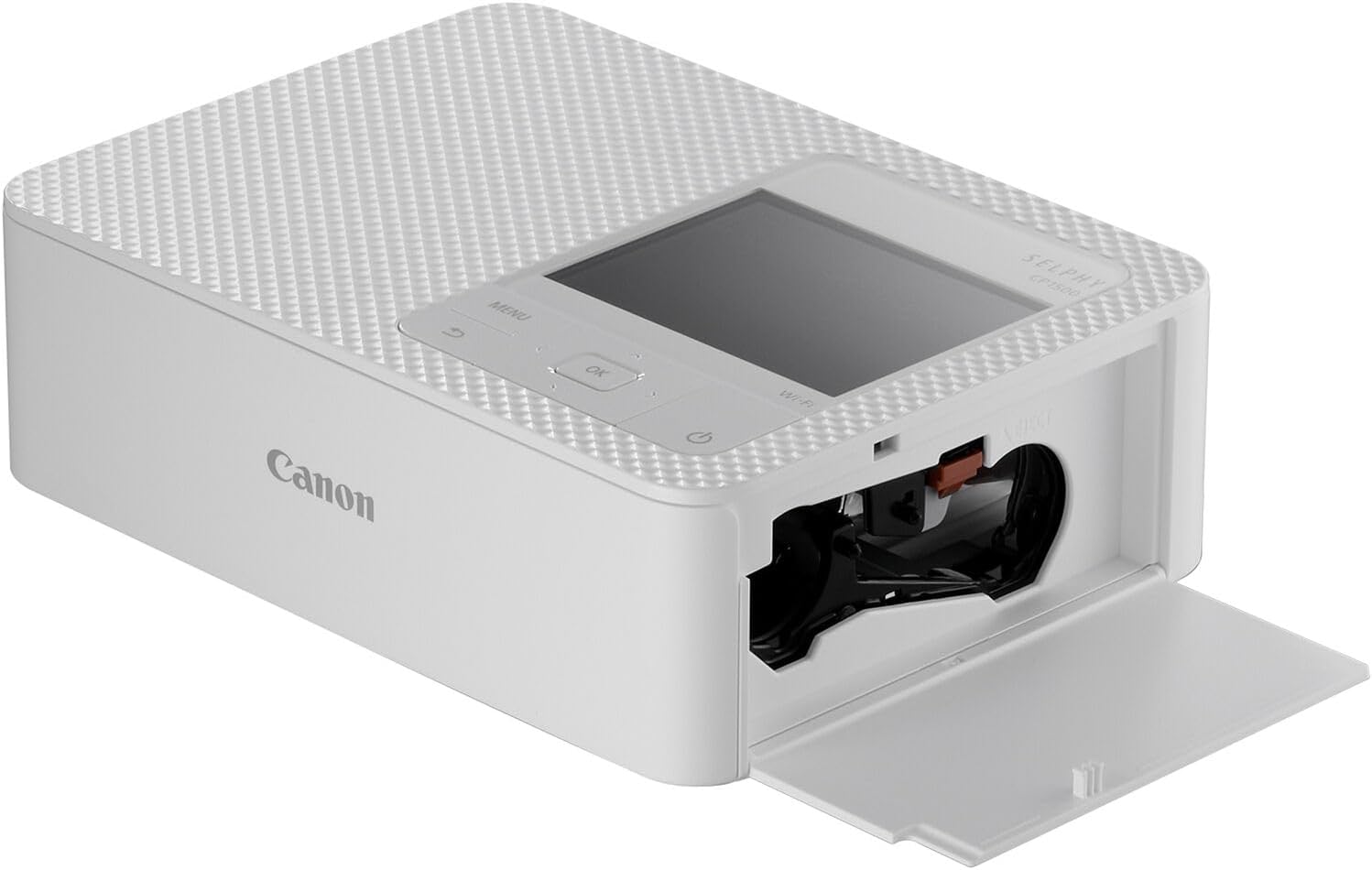 طابعة الصور اللاسلكية المدمجة Canon SELPHY CP1500، طباعة بالتسامي الصبغي، دقة 300×300 نقطة لكل بوصة، شاشة LCD مقاس 3.5 بوصة، Wi‑Fi وAirPrint وUSB‑C وبطاقة SD، طباعة صور بمقاس 4×6 بوصة – أبيض