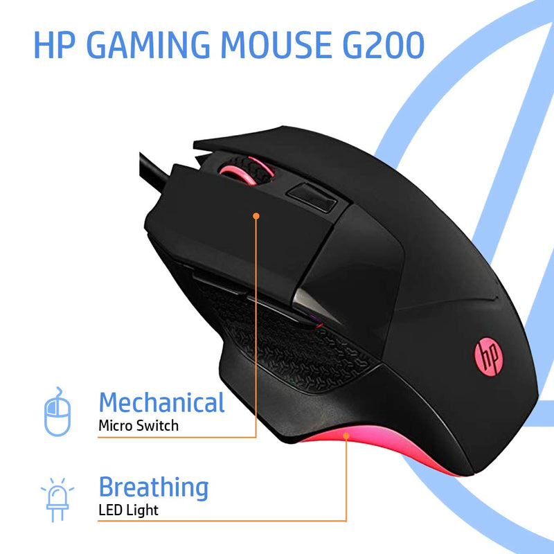 HP G200 Backlit USB Wired Gaming Mouse with Ergonomic Design, All Customizable Buttons, Adjustable 4000 DPI, RGB Breathing LED Lighting, Anti-Slip Scroll Whee