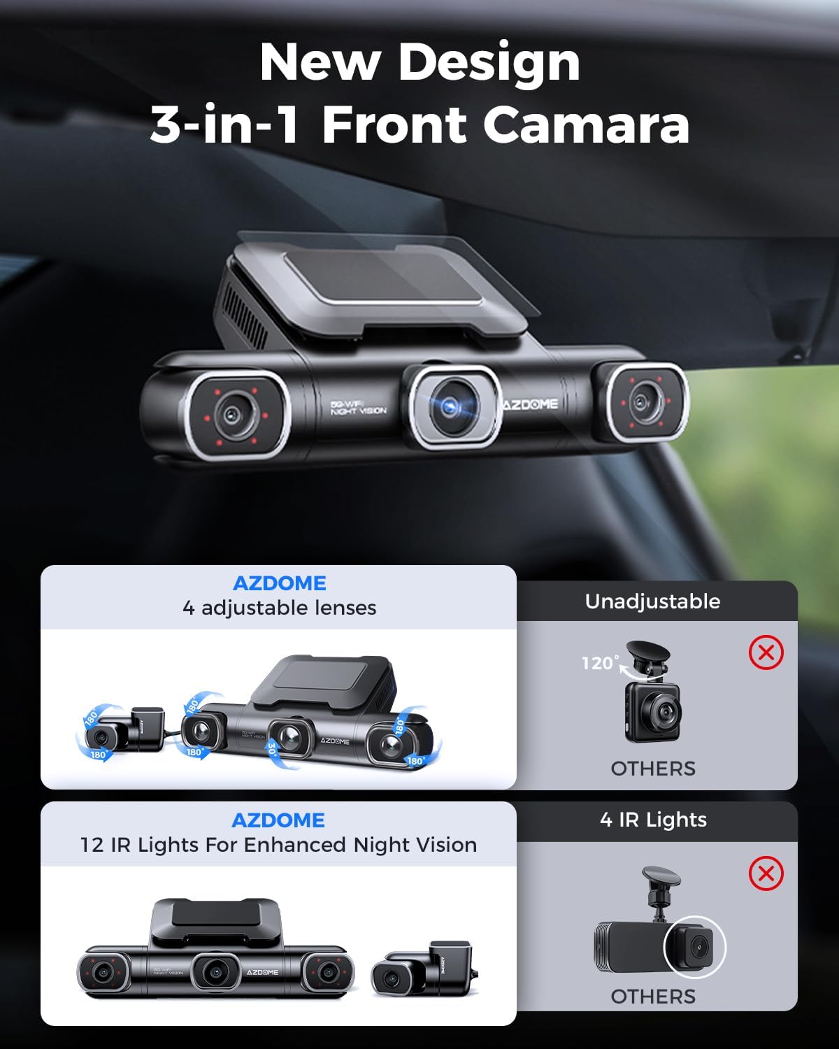 AZDOME M660 360° 4-Channel Dash Cam – 2K Front, 1080P Rear/Inside/Left/Right, Built-in 128GB eMMC, 5G WiFi, Voice Control, 4 Adjustable Lenses, IR Night Vision