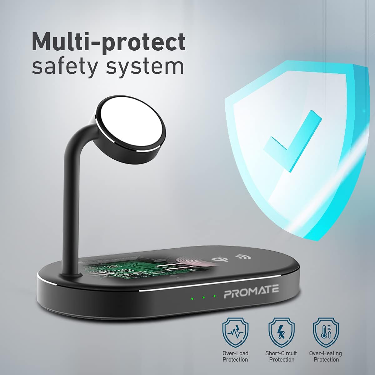 بروميت - قاعدة شحن لاسلكية متعددة الأجهزة مع لوحة شحن سريع 15 واط، شهادة Qi، منفذ USB فائق الشحن 24 واط، شاحن Apple Watch 5 واط، شهادة MFi، WavePower