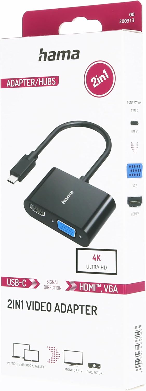 Hama 200313 2-in-1 USB-C to HDMI & VGA Video Adapter , Ultra HD 4K@30Hz HDMI , Full HD 1080p@60Hz VGA , Thunderbolt 3/4/5 & USB4 Compatible – Black