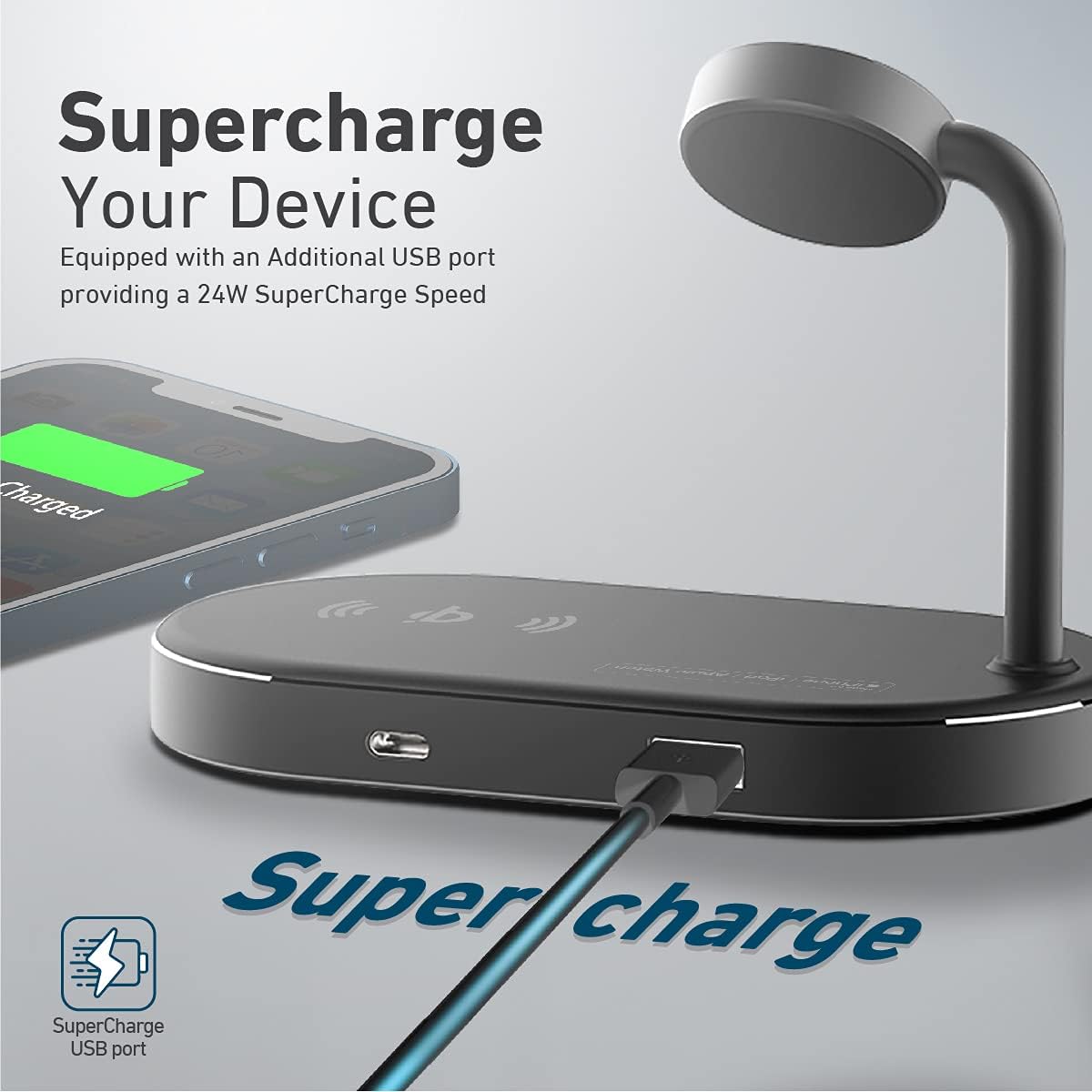 بروميت - قاعدة شحن لاسلكية متعددة الأجهزة مع لوحة شحن سريع 15 واط، شهادة Qi، منفذ USB فائق الشحن 24 واط، شاحن Apple Watch 5 واط، شهادة MFi، WavePower