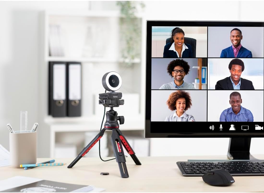 Hama C-850 Pro QHD 2K Webcam with LED Ring Light , Autofocus , Dual Microphones , Remote Control , Privacy Cover , USB Plug & Play for Streaming & Video Conferencing