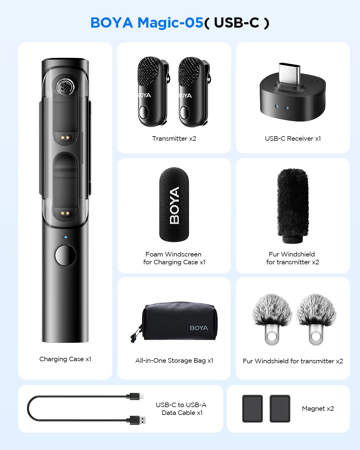 ميكروفون BOYA Magic-05 لاسلكي بمشبك USB-C، صوت بجودة 48kHz/24-bit، إلغاء ضوضاء بالذكاء الاصطناعي، نطاق يصل إلى 100m، بطارية تدوم 30H، مسار أمان ومحدد للصوت، لنظامي Android وiPhone 15/16/17 – أسود
