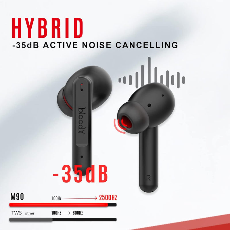 Bloody M90 TWS Active Noise Cancelling Bluetooth Gaming Earbuds, Hybrid Carbon Diaphragm, Bass Music & Low Latency Gaming Mode, Dual ENC Microphone, IPX4 Rate, with Wireless Charging Case