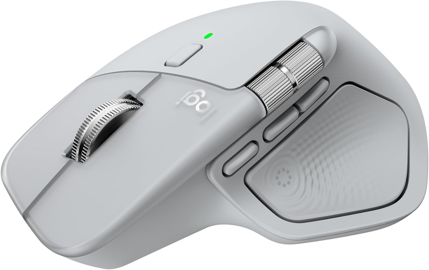 ماوس Logitech MX Master 4 اللاسلكي المتطور، ردود فعل لمسية قابلة للتخصيص، اختصارات حلقة الإجراءات، مستشعر Darkfield بدقة 8,000 نقطة لكل بوصة، تمرير MagSpeed، Bluetooth وLogi Bolt، رمادي فاتح