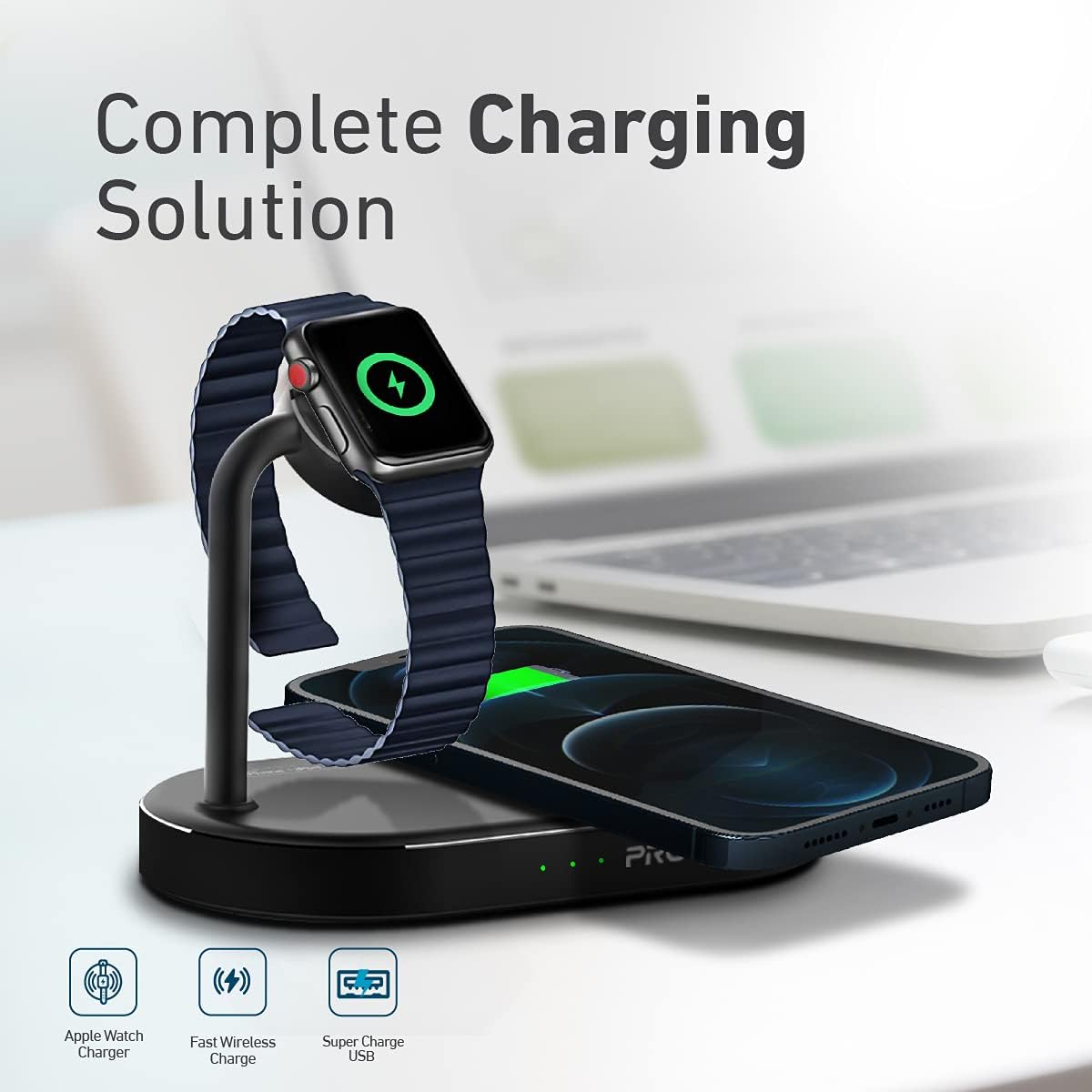 بروميت - قاعدة شحن لاسلكية متعددة الأجهزة مع لوحة شحن سريع 15 واط، شهادة Qi، منفذ USB فائق الشحن 24 واط، شاحن Apple Watch 5 واط، شهادة MFi، WavePower