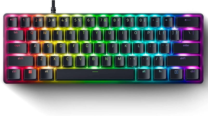 لوحة مفاتيح الألعاب Razer Huntsman Mini 60%، مفتاح أرجواني، مفاتيح بصرية ميكانيكية، أغطية مفاتيح Doubleshot PBT، كابل USB-C قابل للفصل، تخطيط أمريكي - أسود