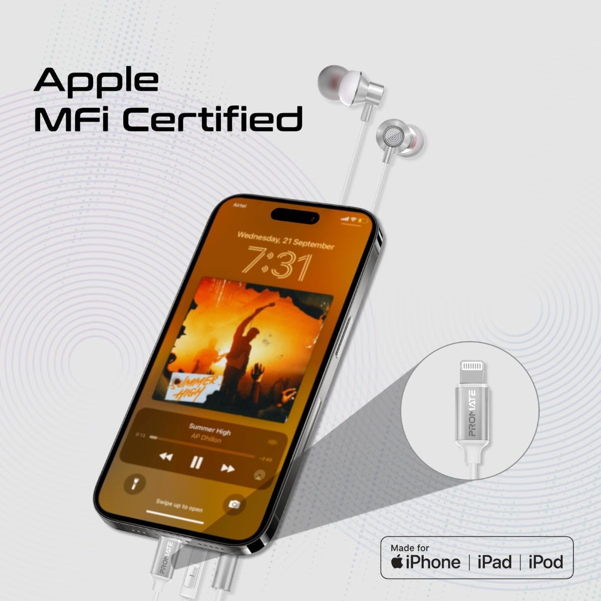 سماعات بروميت مع موصل لايتنينج، سماعات داخل الاذن معتمدة من MFi مع ميكروفون، عزل الضوضاء، وظيفة الاتصال، التحكم في مستوى الصوت في الخط متوافق مع ايفون، ايباد