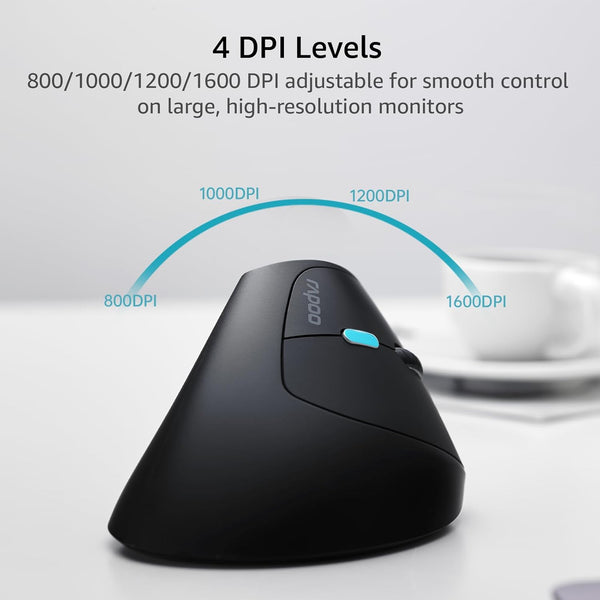 Rapoo EV250 Wireless Ergonomic Vertical Mouse – 2.4GHz, Adjustable 1600 DPI, Silent Clicks, 3 Buttons, 9-Month Battery Life, Black