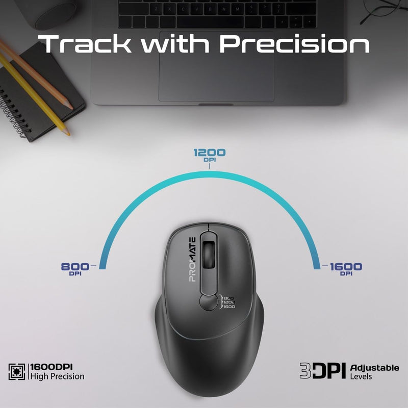 Promate Wireless Mouse, EZGrip Ergonomic Ambidextrous 2.4GHz Mice, Adjustable 1600DPI, 6 million Keystrokes, Nano USB Receiver, 10m Range, 120-hour Working Time for Laptops, PC