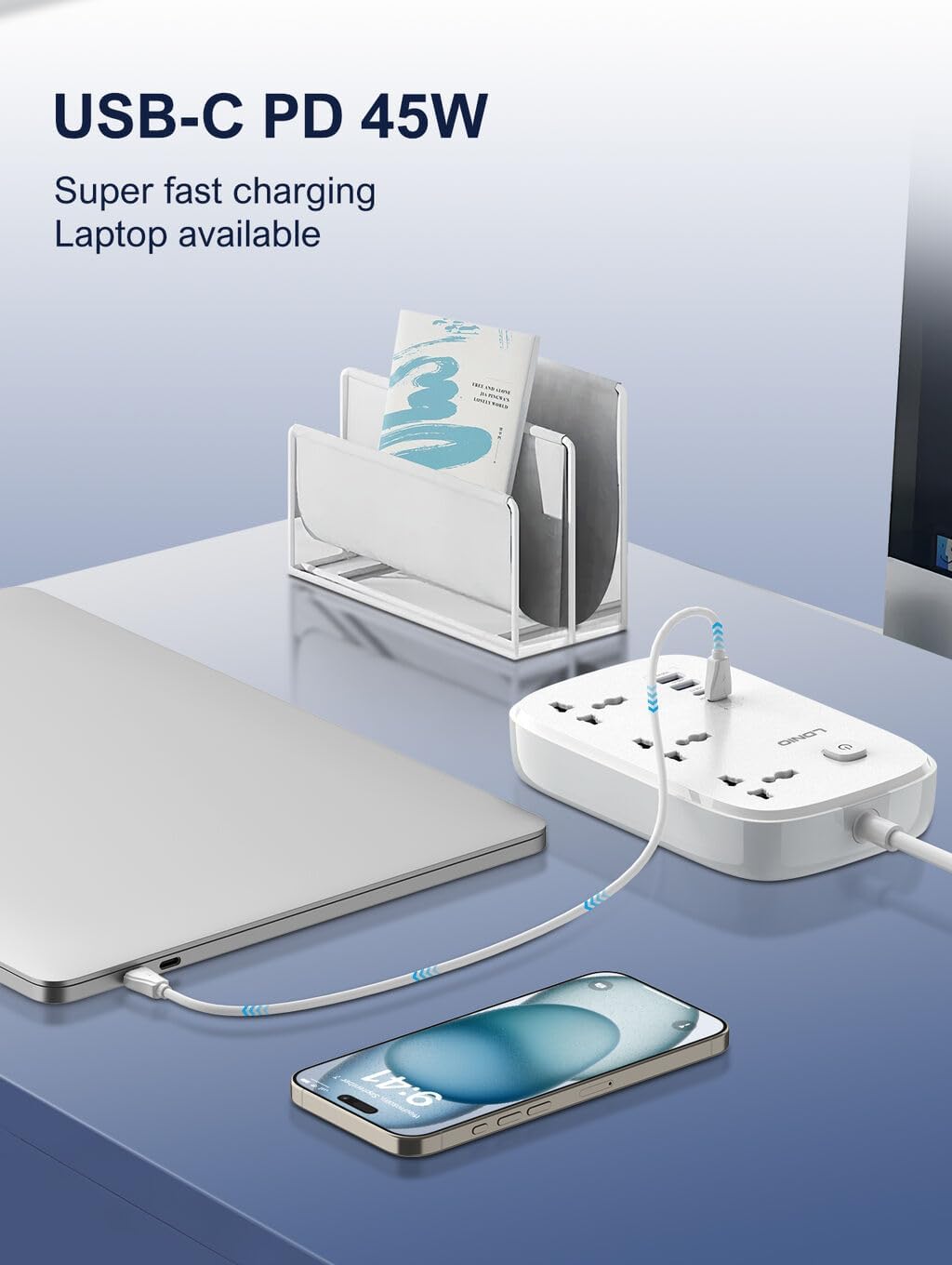 LDNIO SC6 Smart Power Strip 45W with 3 Universal Outlets & 4 USB Ports (USB-C PD) | 3250W Extension Socket, 2M Cable, Fast Charging, Multi-Protection, White