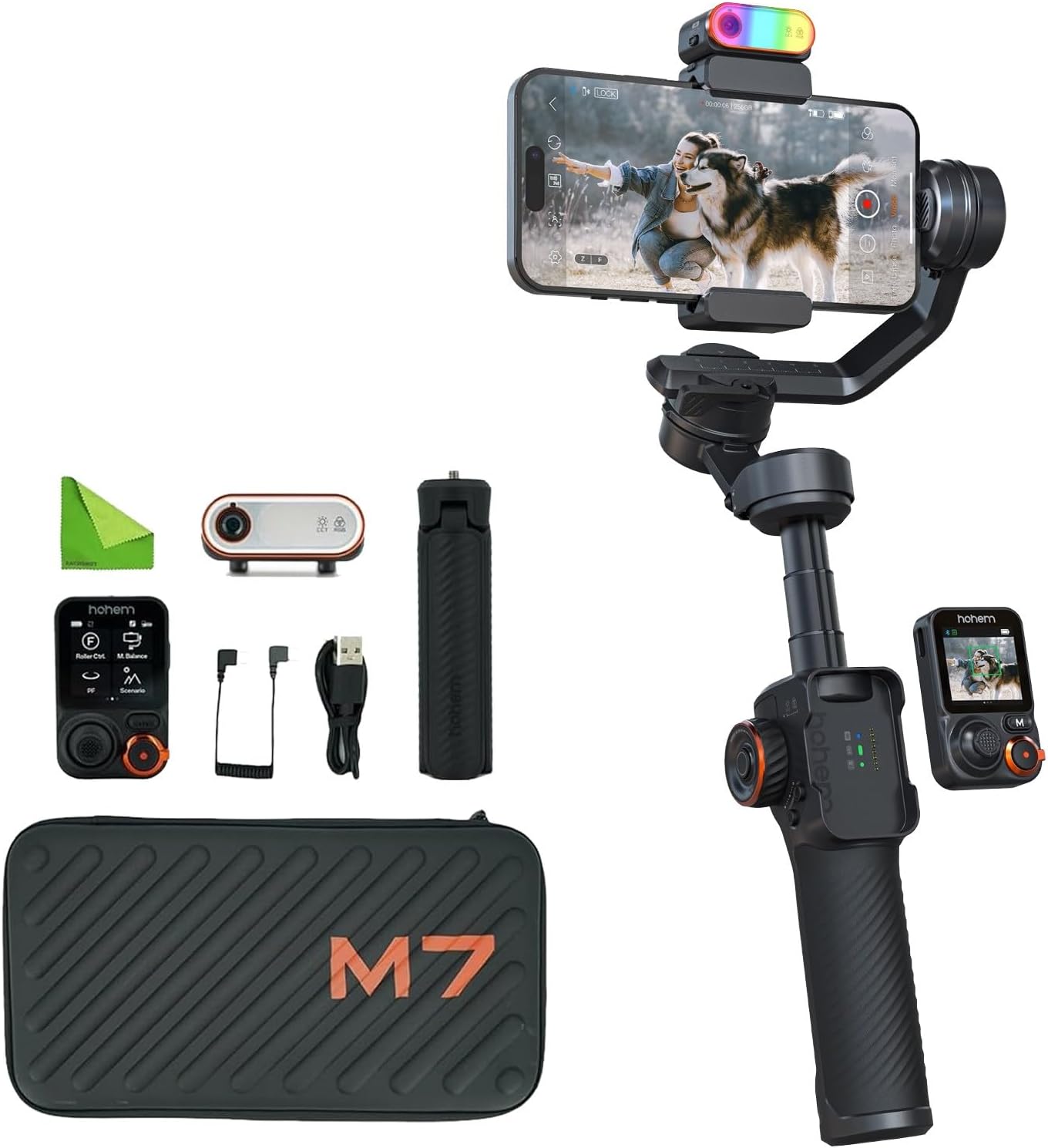 Hohem iSteady M7 AI-Tracking Smartphone Gimbal – 500 g Payload, Detachable 1.4″ Touchscreen Remote, RGB Fill Light, 12 h Battery, 360° Pan