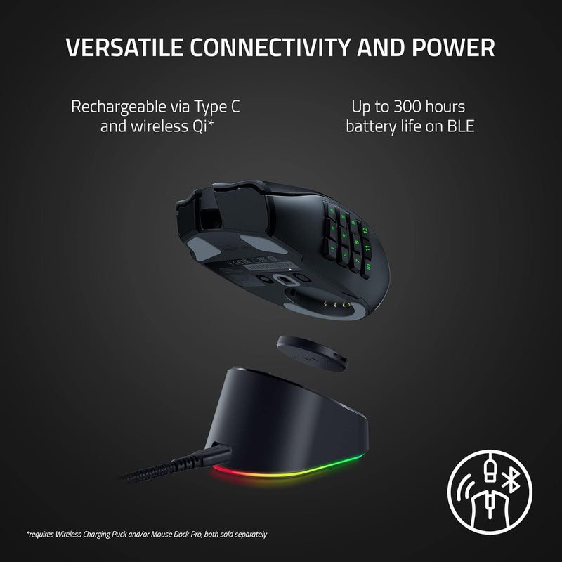 ماوس الألعاب اللاسلكي Razer Naga V2 Pro: لوحة جانبية قابلة للتبديل مع تكوينات 2، 6، 12 زرًا - التركيز + مستشعر بصري 20K DPI - أسرع مفتاح ماوس للألعاب - إضاءة Chroma RGB