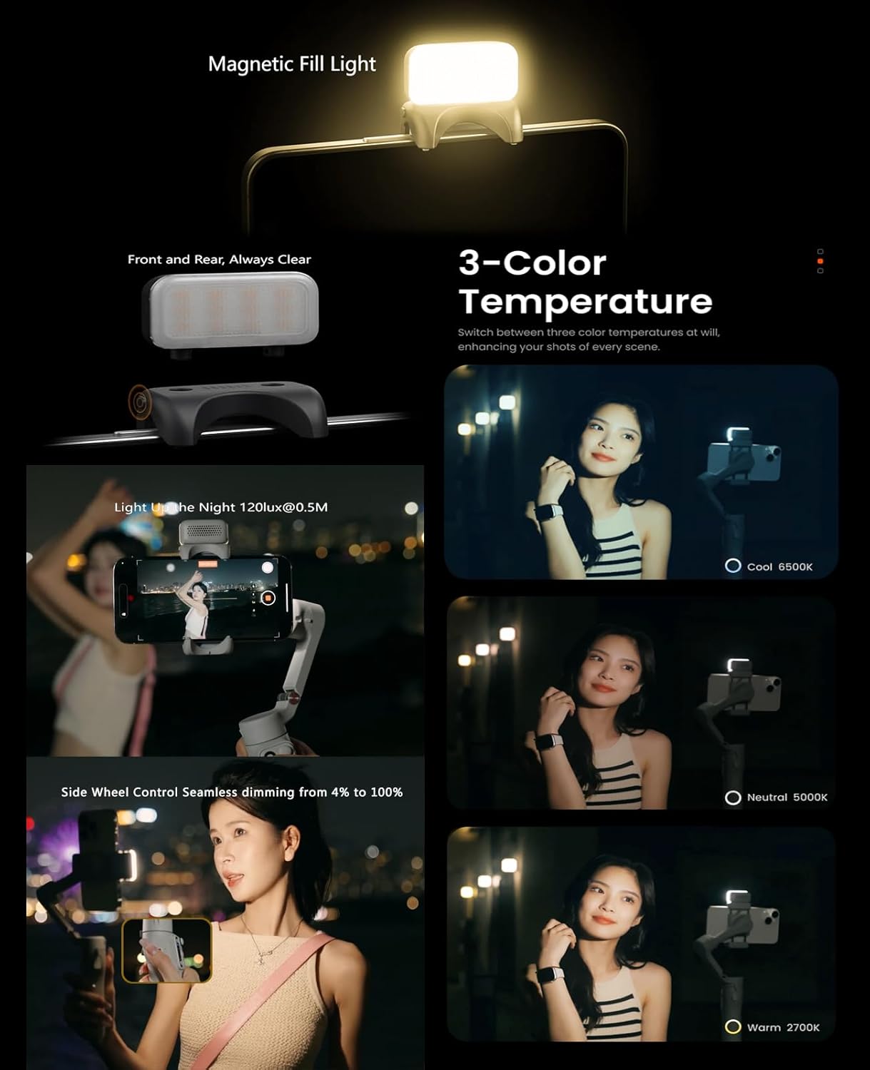 Hohem iSteady X3 مثبت هاتف ذكي للسفر بثلاثة محاور – قابل للطي، جهاز تحكم عن بعد قابل للفصل، إضاءة تعبئة مغناطيسية، عصا قابلة للتمديد، بطارية تدوم 11 ساعة