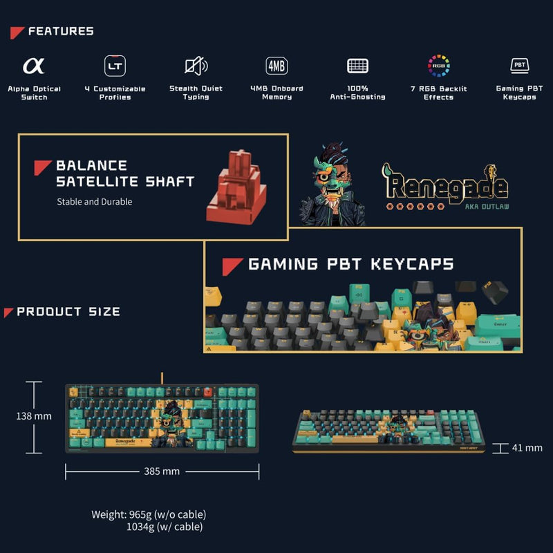 Bloody AT98 Alpha Optical Switch Performance Keyboard - Adjustable Actuation Point, Gaming PBT Keycaps, 7 RGB Backlit Effects