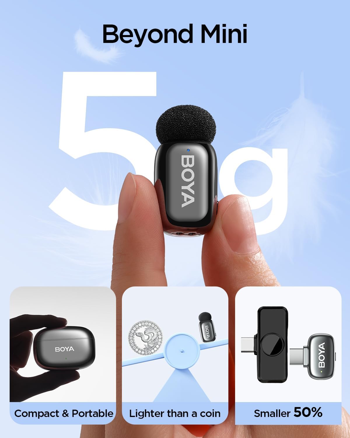 BOYA Mini 2 USB-C Wireless Lavalier Microphone , 48kHz/24-bit Audio , AI Noise Cancellation , 100m Wireless Range , Up to 30H Battery Life , Ultra-Mini Clip-On Mic for Android, iPhone 15/16, TikTok & YouTube – Space Gray