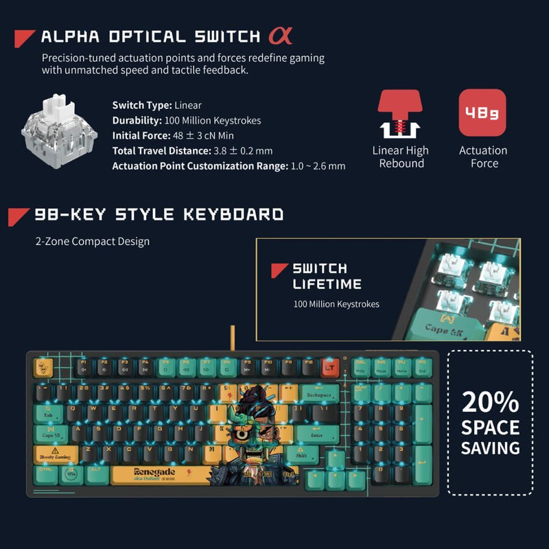 Bloody AT98 Alpha Optical Switch Performance Keyboard - Adjustable Actuation Point, Gaming PBT Keycaps, 7 RGB Backlit Effects