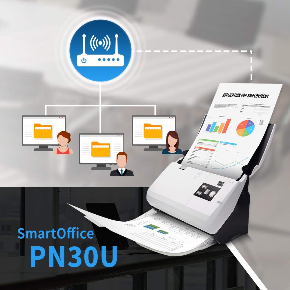 ماسح ضوئي للمستندات مزدوج الشبكة من Plustek SmartOffice PN30U مع كشف مزدوج للورق بالموجات فوق الصوتية (ADF، 600 نقطة في البوصة، 30 صفحة في الدقيقة) مع برنامج DocAction لنظامي التشغيل Windows وMac