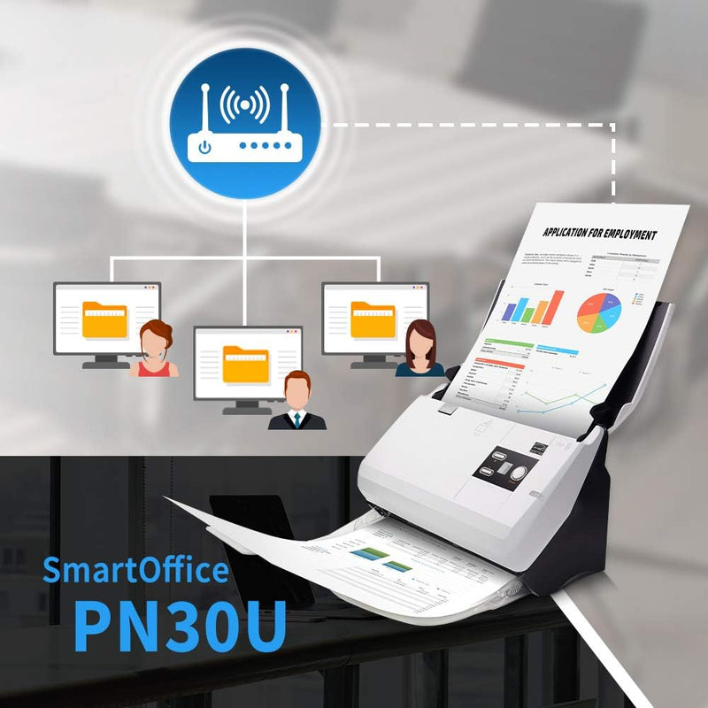 Plustek SmartOffice PN30U Duplex Networkable Document Scanner with Ultrasonic Double Sheet Detection (ADF, 600 dpi, 30 ppm) with DocAction Software for Windows and Mac