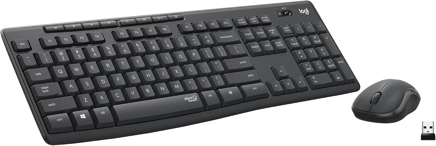 مجموعة لوحة مفاتيح وفأرة لاسلكية صامتة لوجيتك MK295، تقنية SilentTouch، لاسلكي 2.4 جيجاهرتز | لوحة مفاتيح كاملة الحجم مقاومة للانسكاب، فأرة بصرية بدقة 1000 نقطة في البوصة، مدى لاسلكي 10 أمتار، مستقبل USB نانو